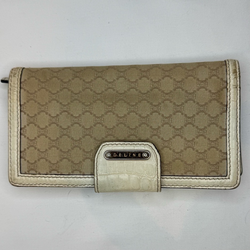 White and Cream Celine Macadame Long Bifold Snap Wallet